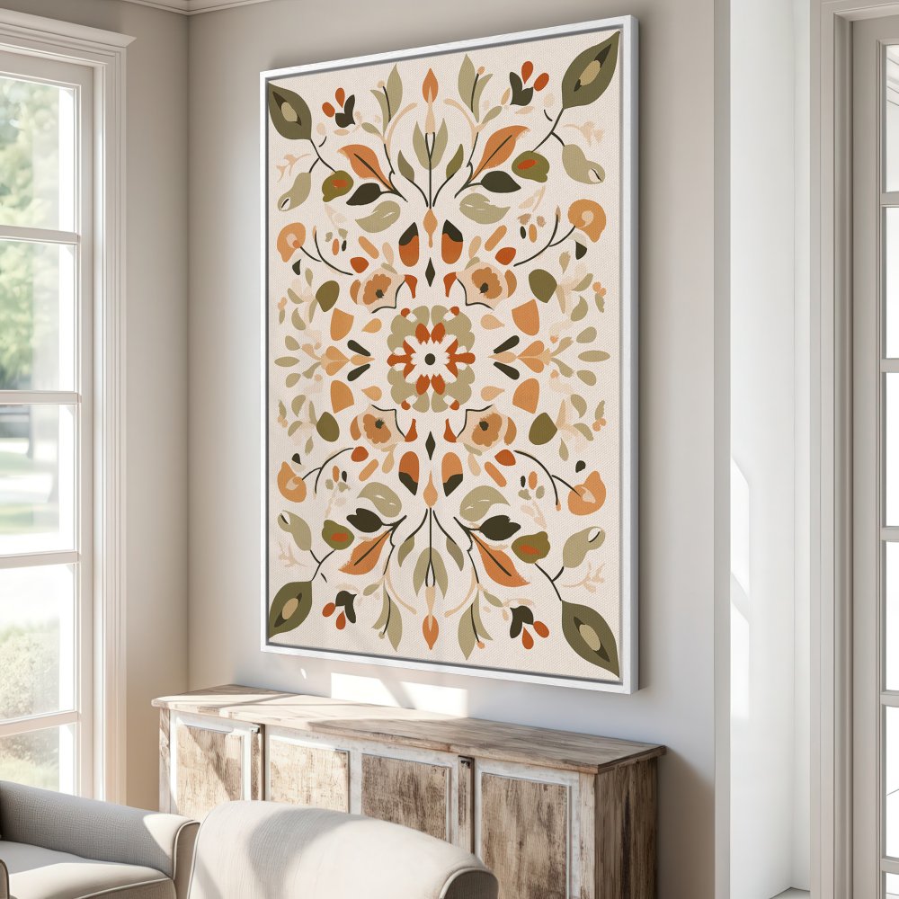 Canvas Print of a floral, symmetrical design in warm earth tones. Perfect for adding a touch of nature-inspired art to your home.