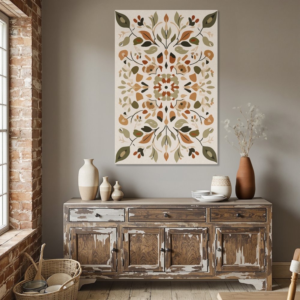 Framed Wall Art featuring a floral design in warm earth tones. Perfect for adding a touch of boho style to your dining room.