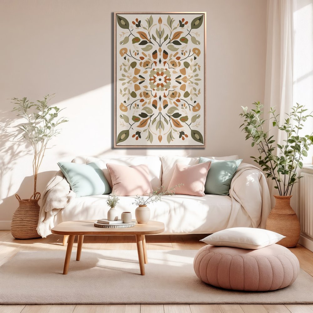 Framed Wall Art featuring a botanical design in earthy green, brown, and cream tones, displayed in a cozy living room setting.