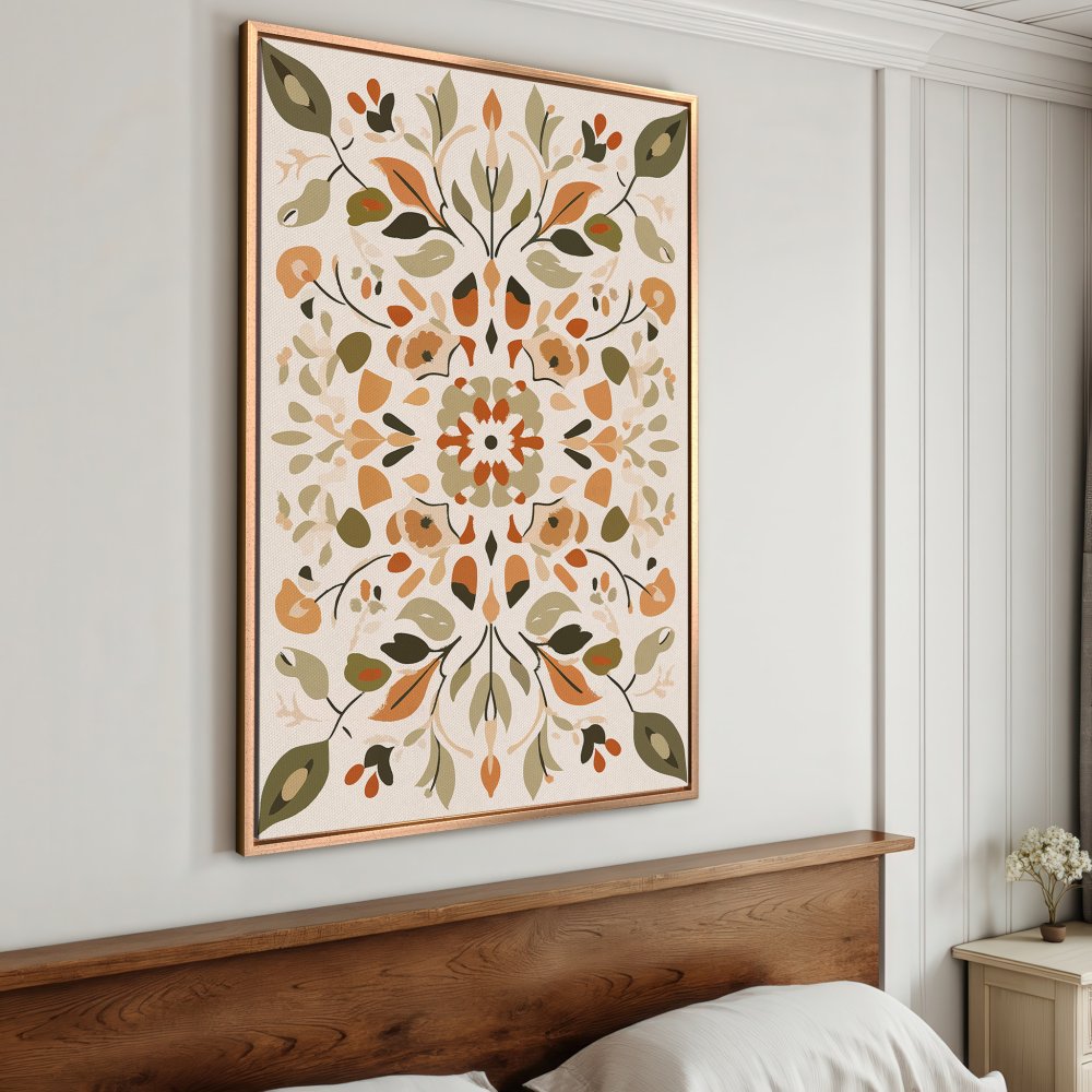 Framed Wall Art: Bohemian floral print in warm earth tones. Perfect for adding a touch of nature-inspired elegance to your bedroom decor.