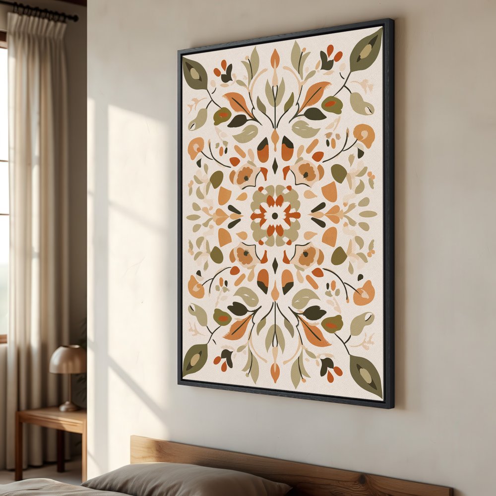 Framed Wall Art: Bohemian floral print in warm earth tones. Perfect for adding a touch of nature-inspired style to your home decor.