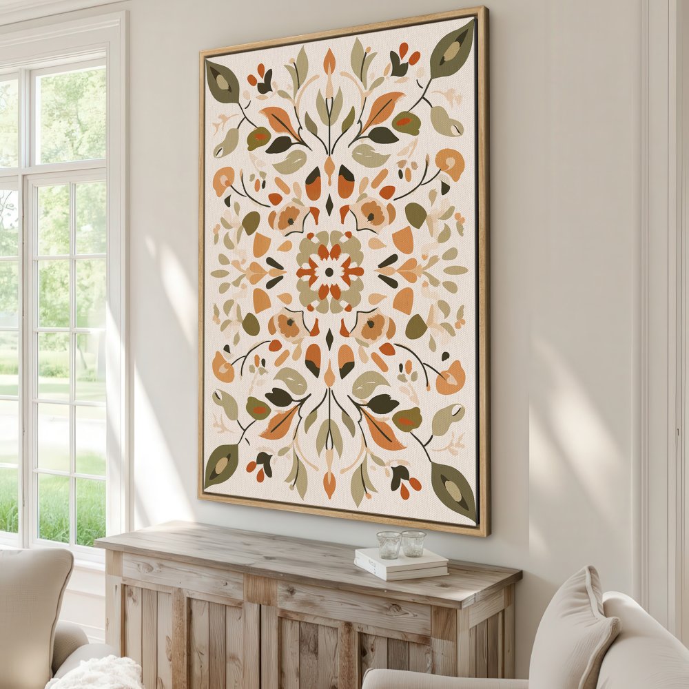 Canvas Print featuring a symmetrical floral design in warm earth tones. Perfect framed wall art for adding a touch of boho style to your home decor.