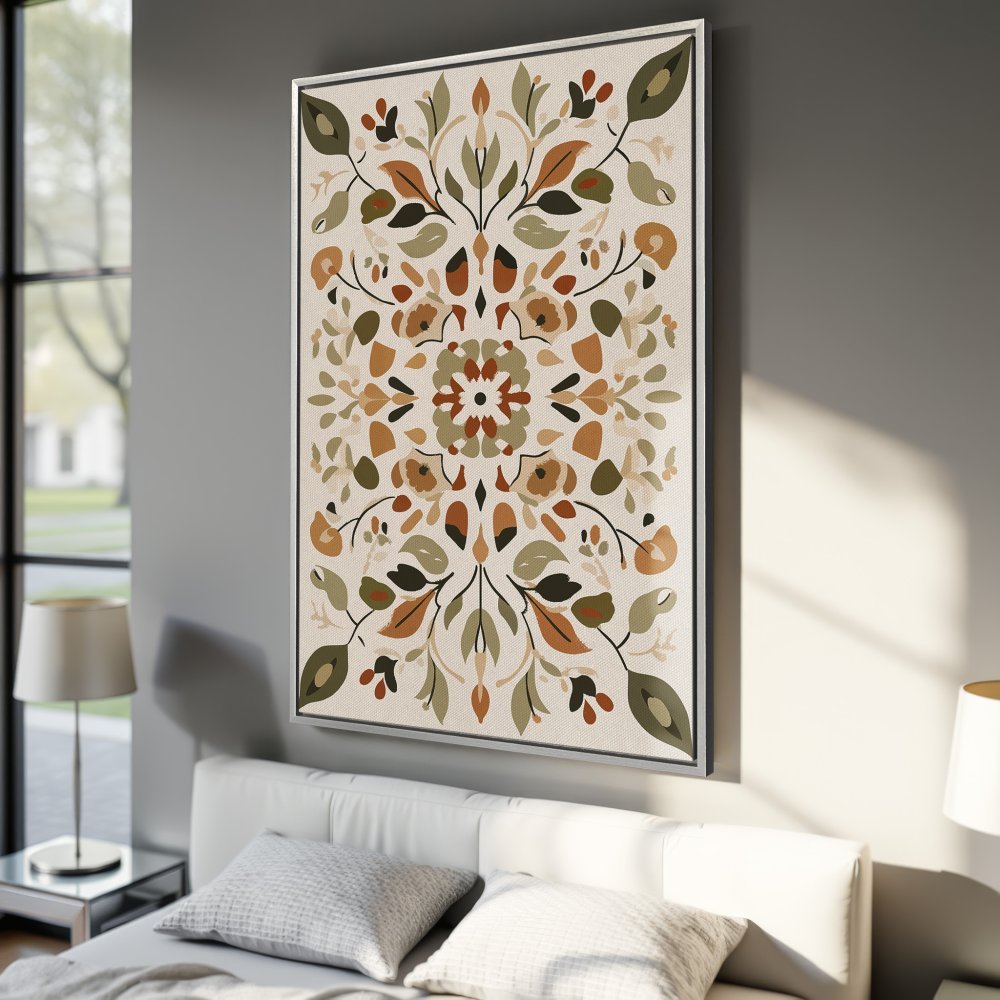 Framed Wall Art: Floral mandala Canvas Print in warm earth tones. Perfect for adding a touch of nature-inspired style to your home decor.