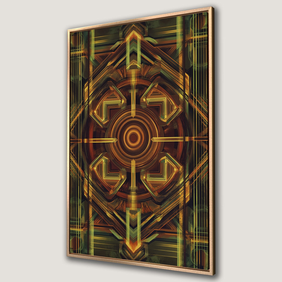 Framed Wall Art featuring an abstract geometric design in warm earth tones. Perfect for adding an Art Deco touch to your home decor.