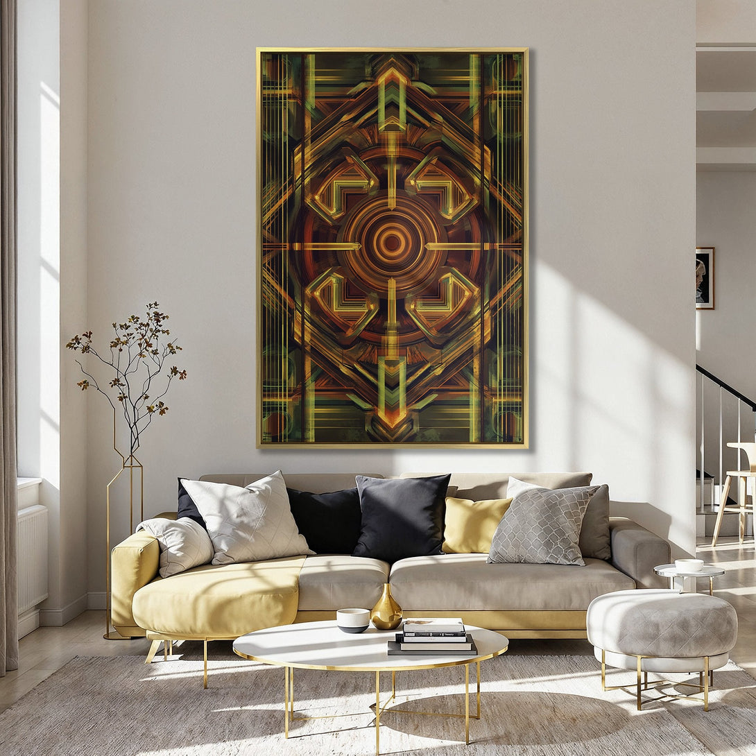 Abstract geometric Canvas Print in warm earth tones. Modern art with a gold, brown, and green color palette, perfect for home decor.
