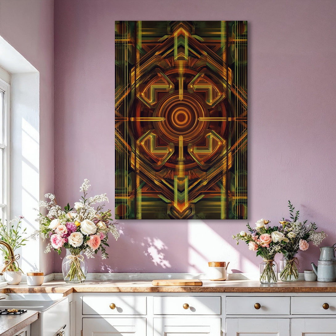 Framed Wall Art: Geometric abstract art in warm earth tones. Enhance your living room with this striking canvas print, featuring a modern, stylish design.