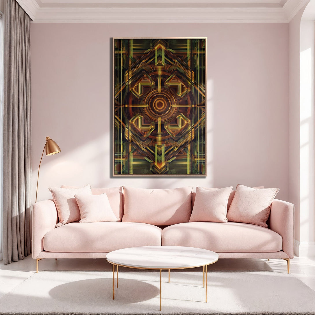 Framed Wall Art: Geometric abstract art in warm earth tones. Modern art print with gold frame complements a stylish interior with pink sofa.