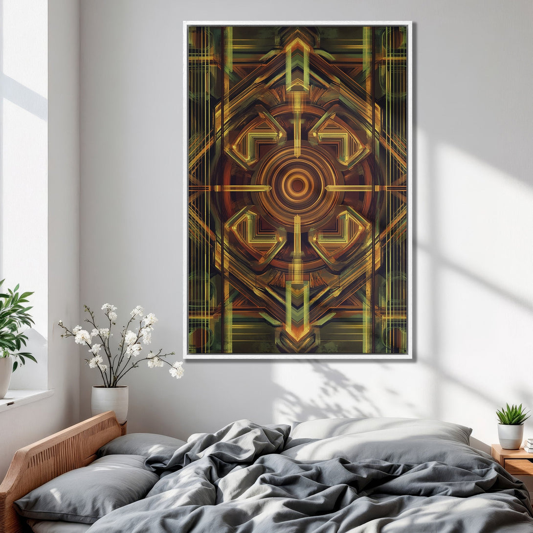 Framed Wall Art featuring a geometric abstract design in warm earth tones. Modern art for your bedroom decor.