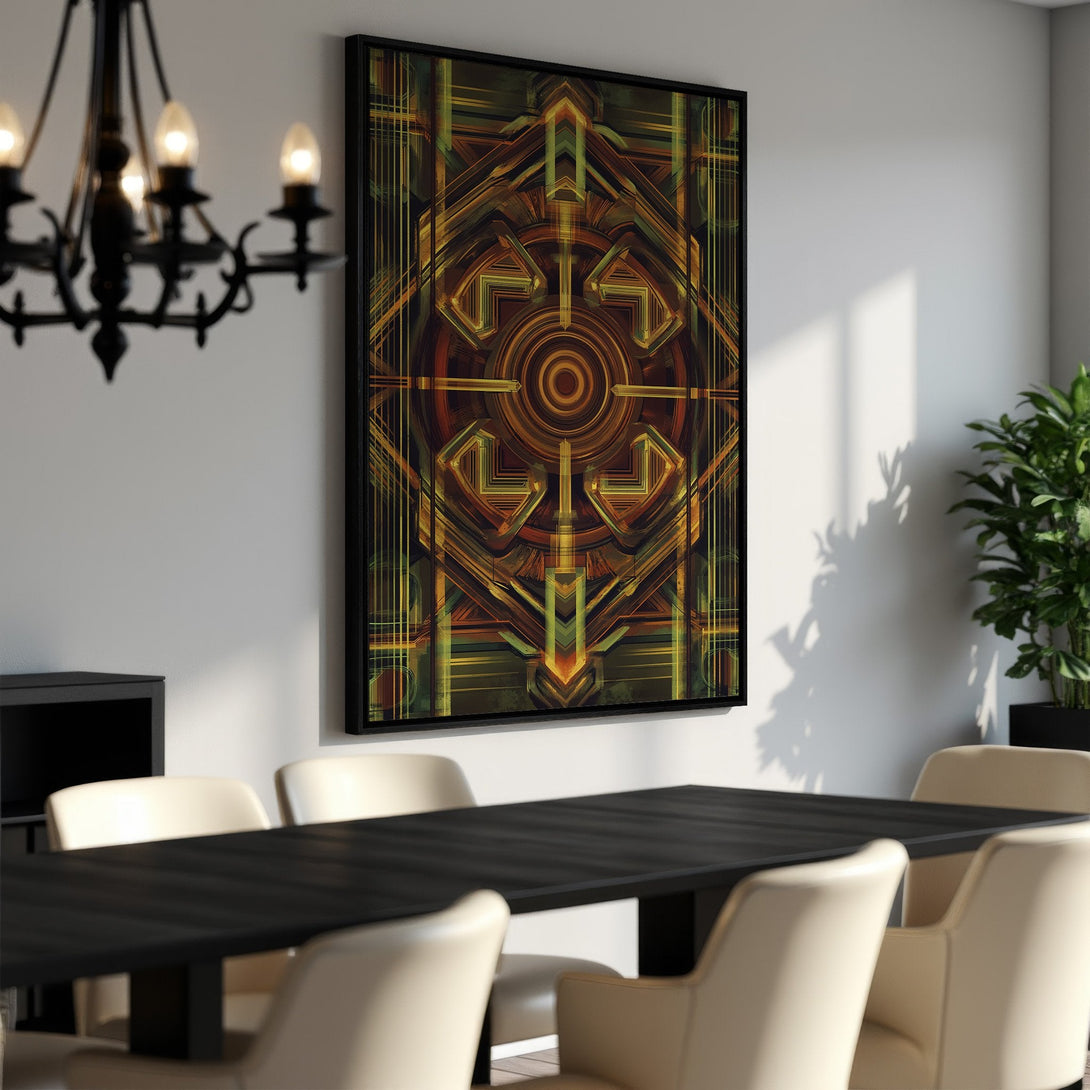 Framed Wall Art featuring an abstract geometric design in warm earth tones. Modern art for dining room decor.