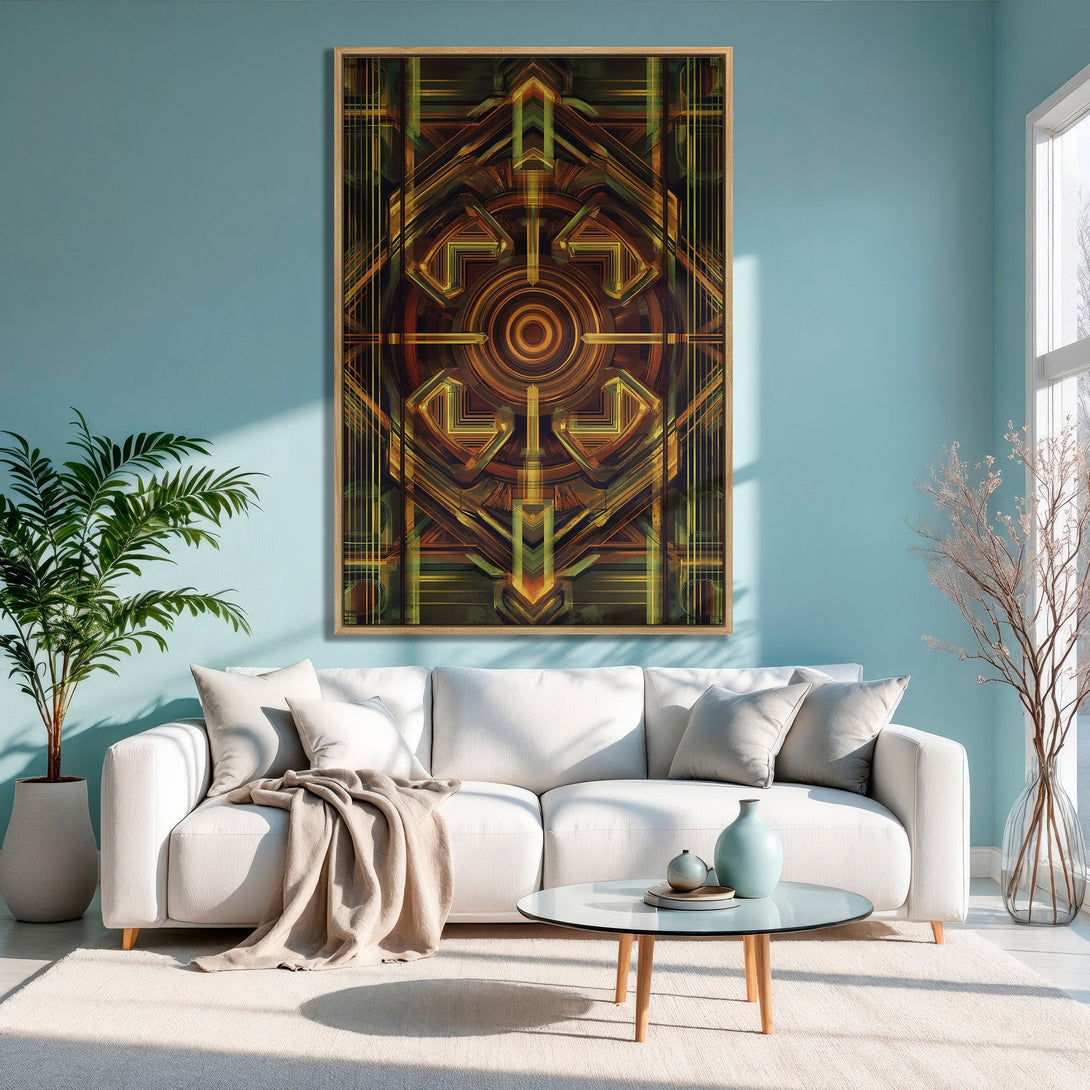 Framed Wall Art: Geometric abstract design in warm earth tones. Modern art print adds a stylish touch to any living room.