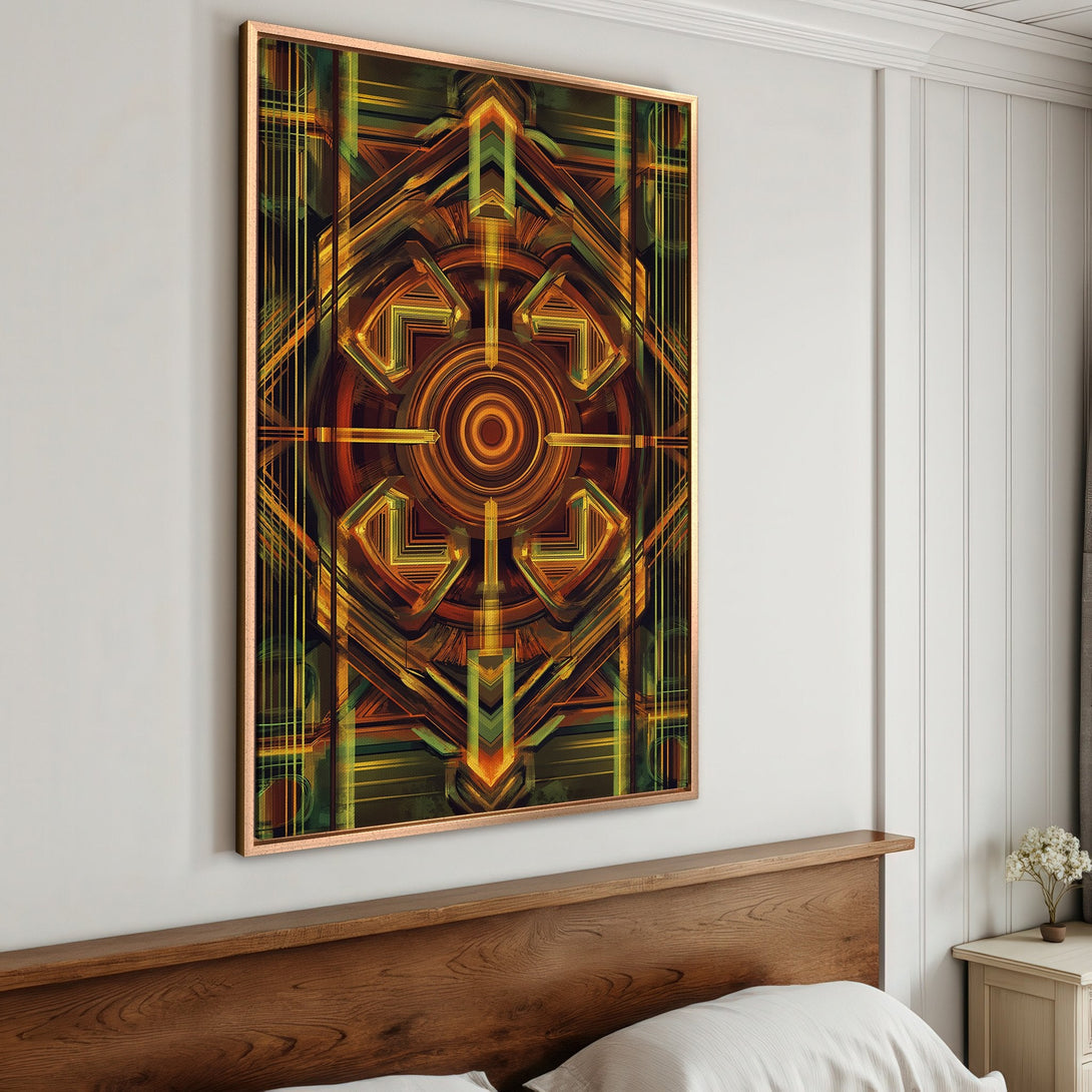 Framed Wall Art: Abstract geometric design in warm earth tones. Modern art canvas print with gold frame, perfect for living room or bedroom decor.
