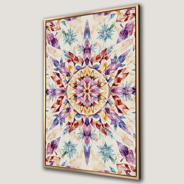 Framed Wall Art: Watercolor floral mandala print in vibrant purple, red, and blue hues. Perfect for adding a touch of bohemian style to any room.