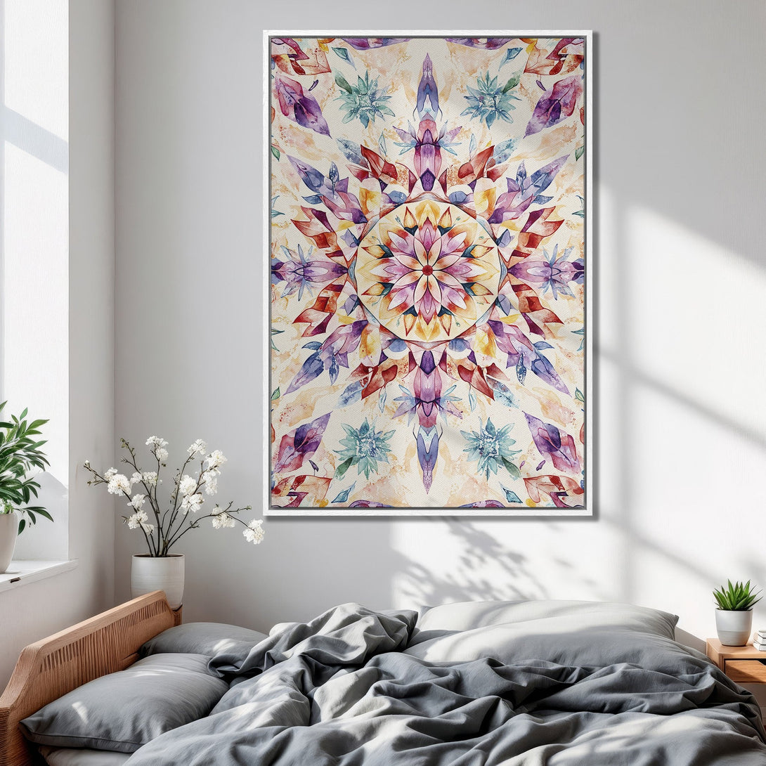 Framed Wall Art featuring a vibrant watercolor mandala in a bedroom. Colorful floral design with a warm, inviting palette. Perfect for adding artistic flair.