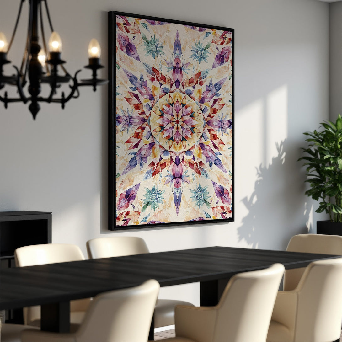 Framed Wall Art featuring a vibrant watercolor mandala in a dining room. Colorful, abstract art with a warm, inviting color palette. Perfect home decor!