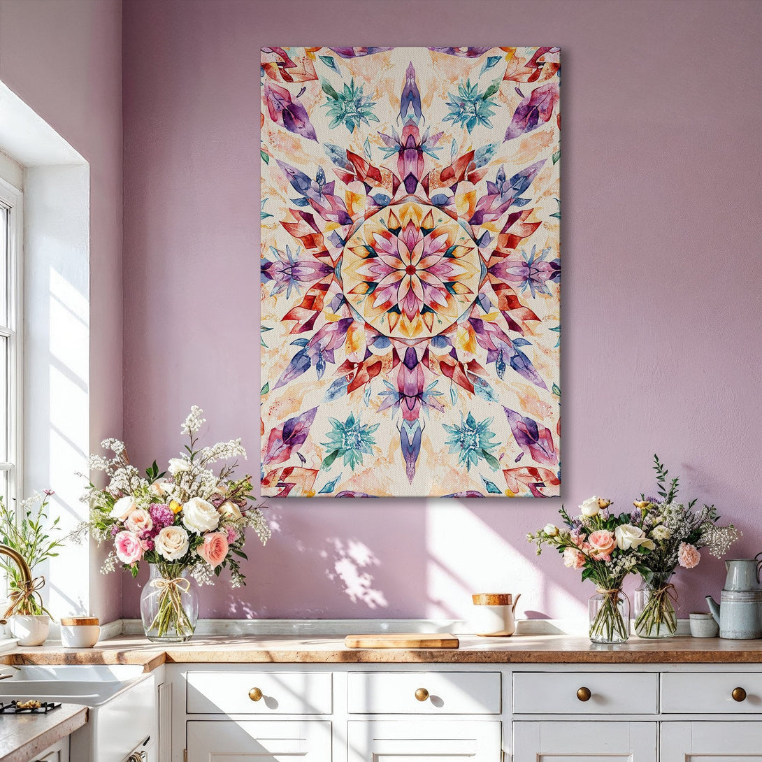 Framed Wall Art: Stunning abstract floral design in watercolor style. Features a vibrant, colorful palette of reds, purples, and blues, perfect for any interior.