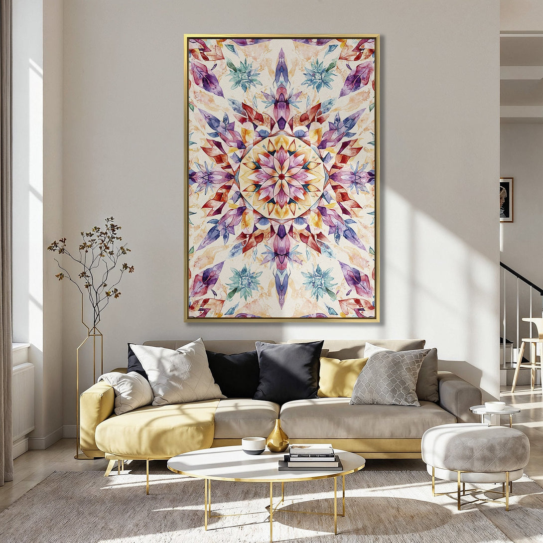 Canvas Print of a colorful watercolor mandala in a kitchen. Features a bohemian style with a warm, pastel color palette. Perfect wall decor!