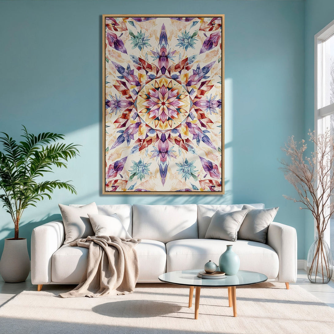Framed Wall Art: Watercolor floral mandala print in a living room. Features a vibrant color palette of purple, yellow, and blue. Perfect for modern home decor.