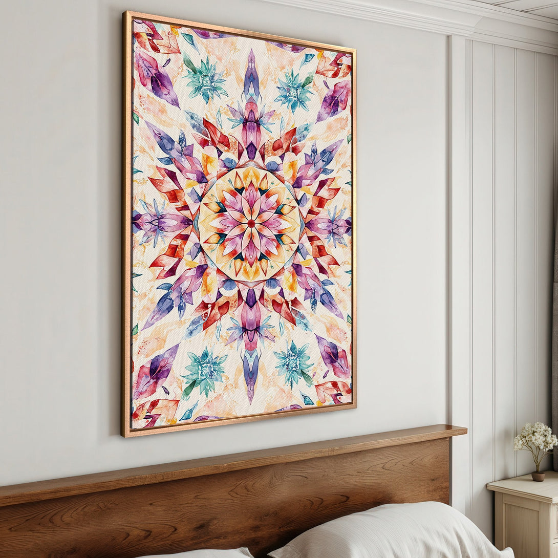 Framed Wall Art: Watercolor floral mandala in vibrant jewel tones. Adds a pop of color and bohemian style to any space. Perfect for bedroom decor.