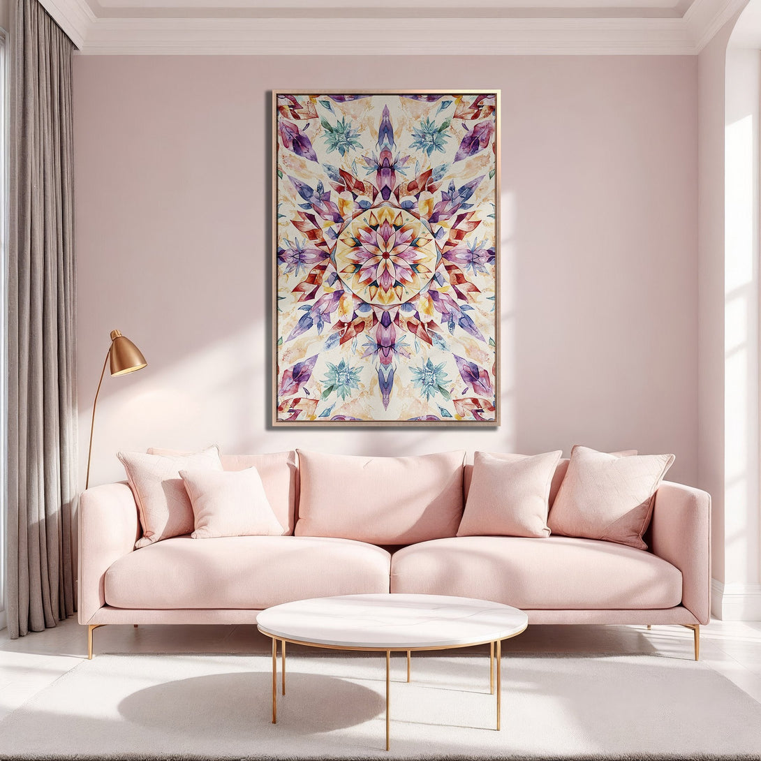 Framed Wall Art: Watercolor mandala in a gold frame. Adds a pop of color to a blush pink living room. Shop stunning art for your home!