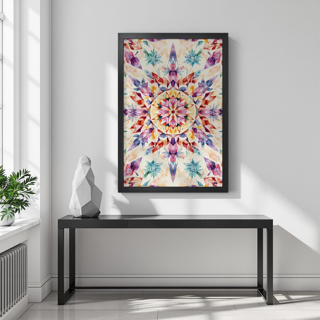 Framed Poster featuring a watercolor mandala design in vibrant jewel tones. Perfect wall art to brighten any space!