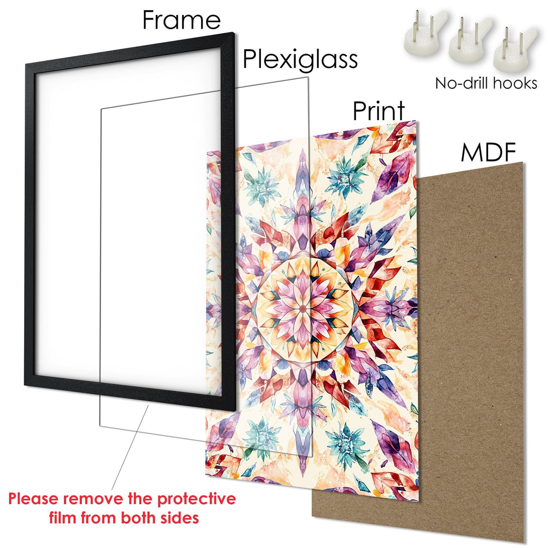 Framed Poster featuring a colorful watercolor mandala design. Vibrant hues of purple, orange, and blue create a beautiful art print.