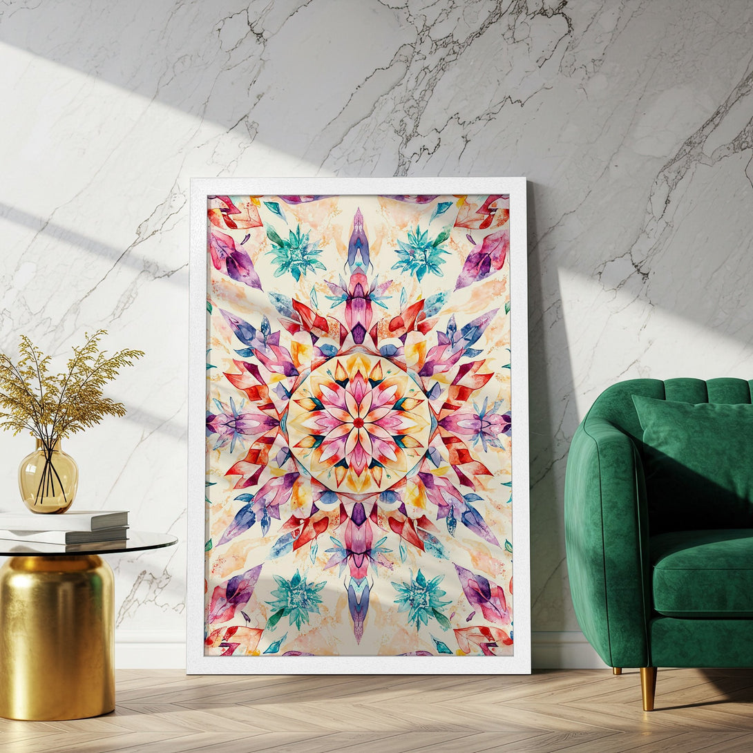 Framed Poster featuring a watercolor mandala design in vibrant pinks, blues, and yellows. Perfect art for any room!