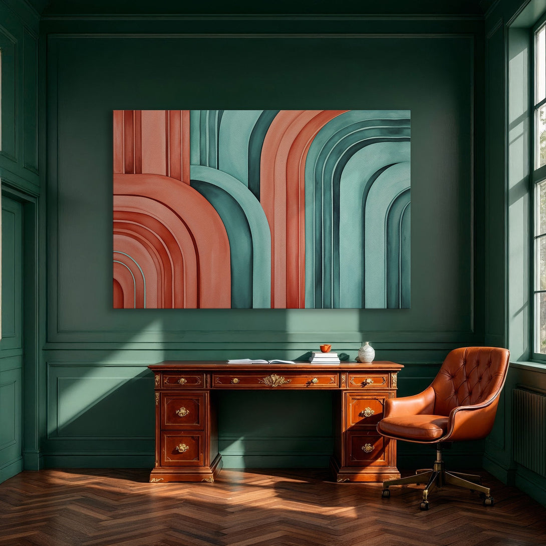 Framed Wall Art featuring an abstract arch design in coral and teal. Modern style canvas print adds a pop of color to any dining room.