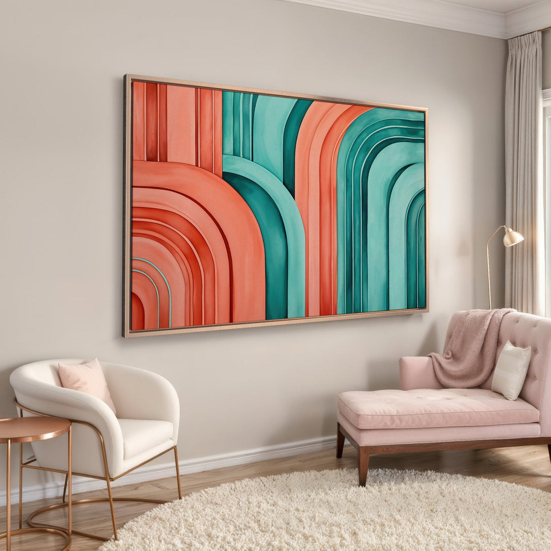 Framed Wall Art: Abstract arch design in coral and teal. Modern art canvas print adds a pop of color to any room. Shop now!