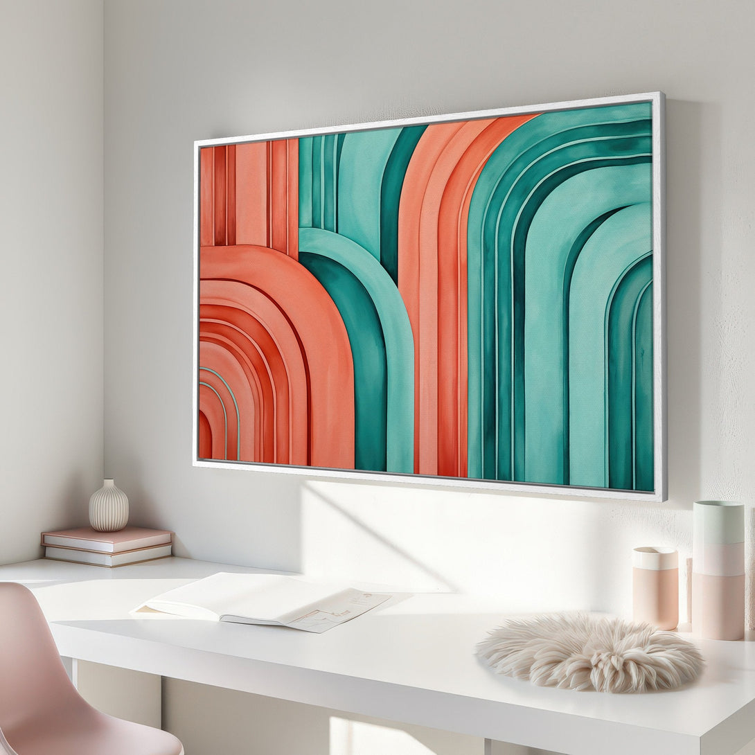 Framed Wall Art featuring an abstract design in coral and teal. Modern art print with a minimalist style, perfect for adding color to any space.
