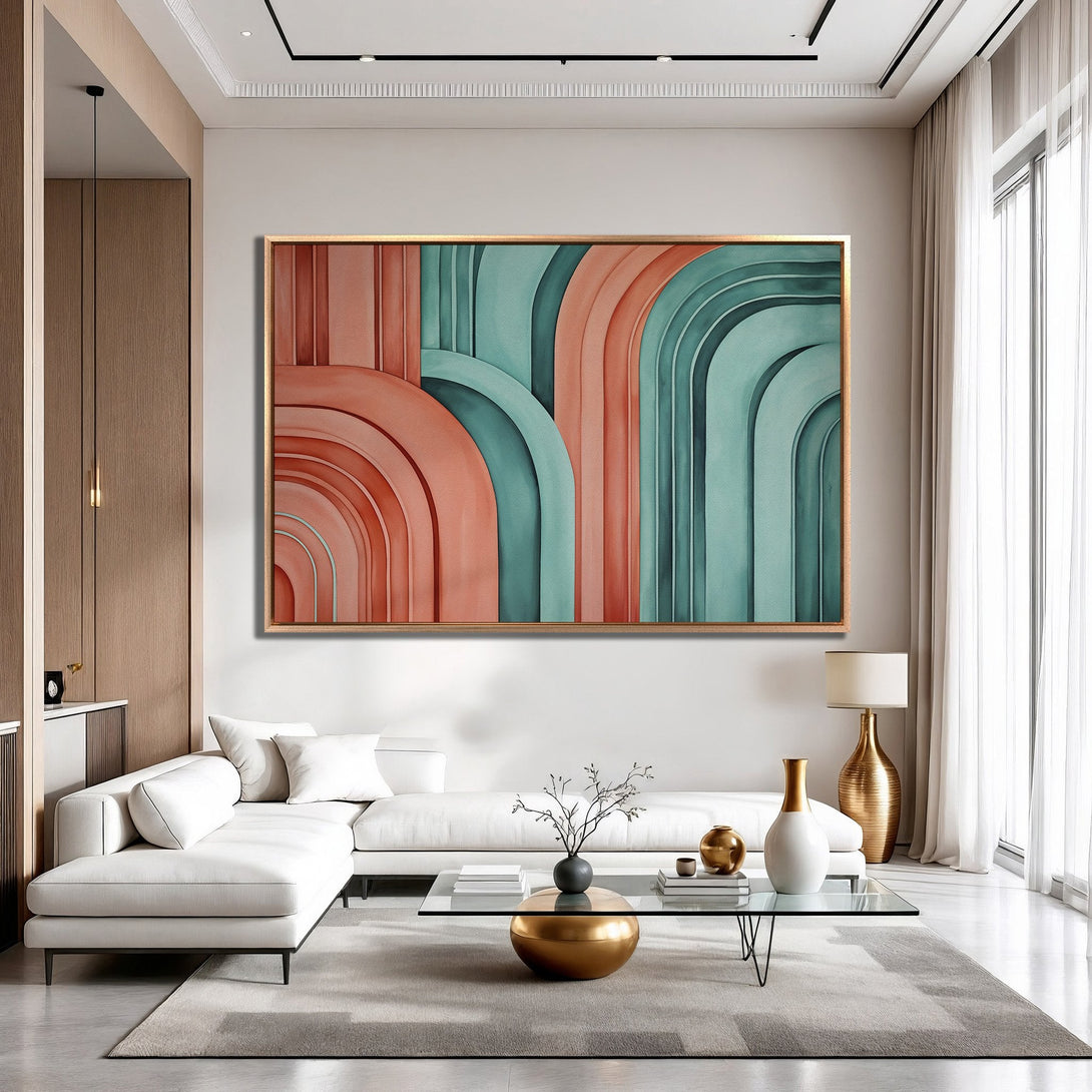 Framed Wall Art: Abstract arch design in coral and teal. Modern Canvas Print adds a pop of color to any living room. Shop now!