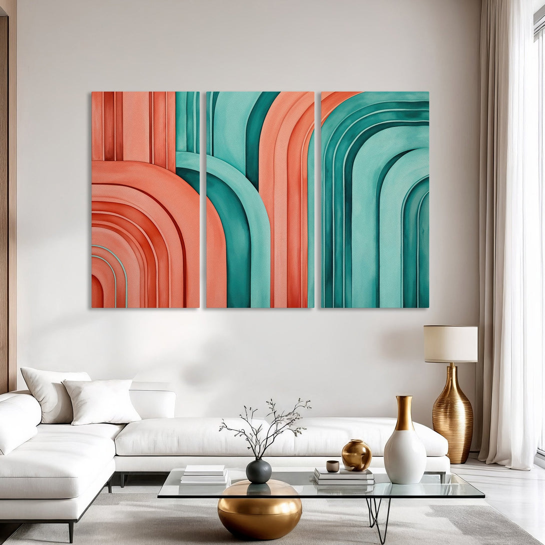 Abstract Canvas Print in coral and teal tones. Modern art piece with arching shapes, perfect for living room decor.