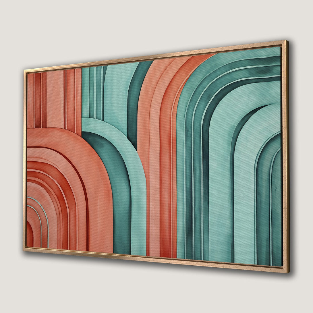 Framed Wall Art featuring abstract geometric arch design in coral and teal. Modern Canvas Print for a stylish home decor update.