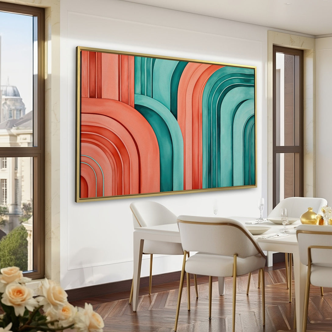 Abstract Canvas Print in a modern interior. Features a geometric design in coral and teal hues. Perfect for adding a pop of color to any space.