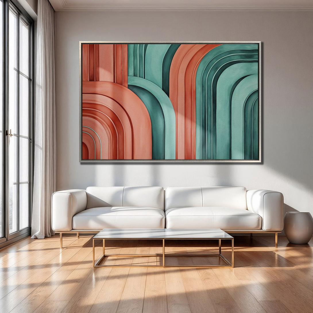 Framed Wall Art featuring abstract arch design in coral and teal. Modern style canvas print adds a pop of color to any interior.