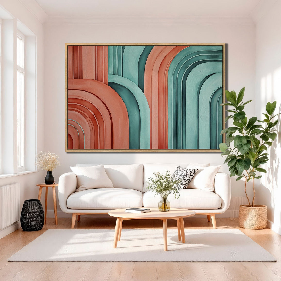 Framed Wall Art: Abstract arches in coral and teal. Modern canvas print adds a pop of color and style to any living room. Shop now!