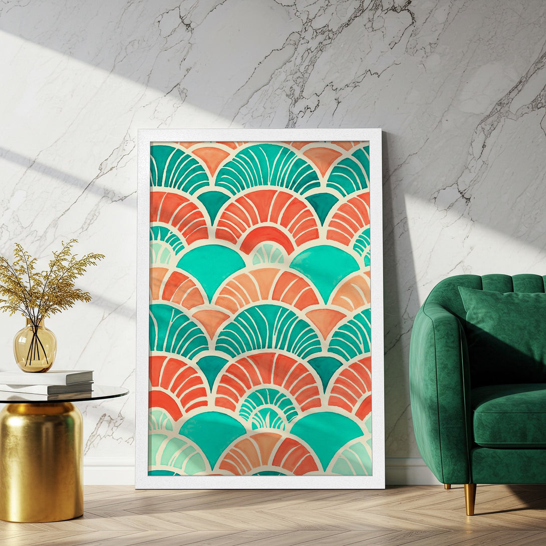 Framed Poster featuring a vibrant abstract fan design in teal, coral, and peach. Perfect art for your home!