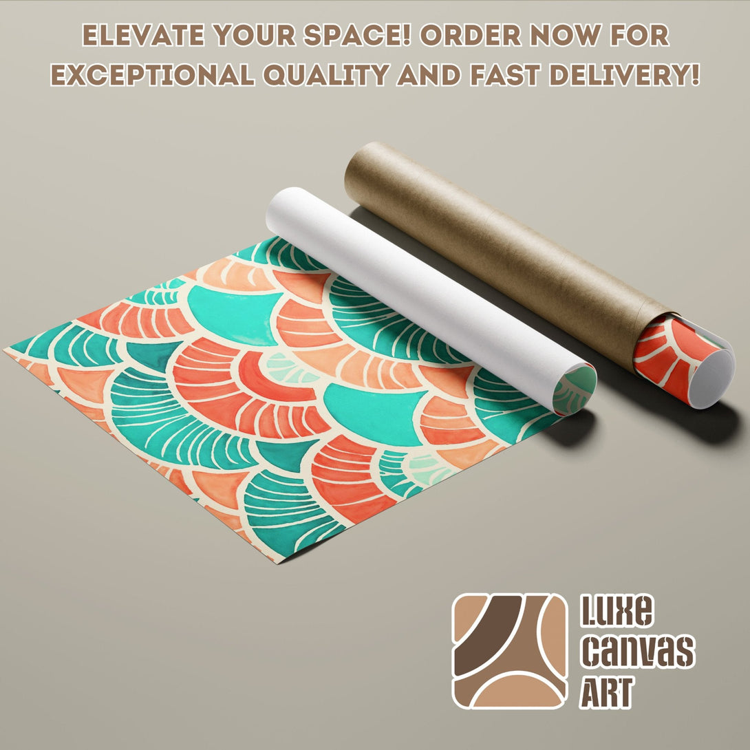 Poster Roll with abstract teal & orange design. Modern art style with a warm color palette.