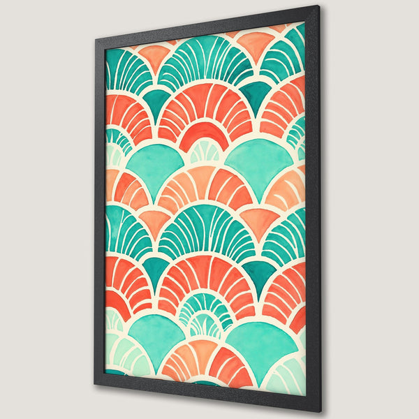 Framed Poster: Watercolor fan pattern art in teal, coral, and cream. Modern wall decor for a stylish home.