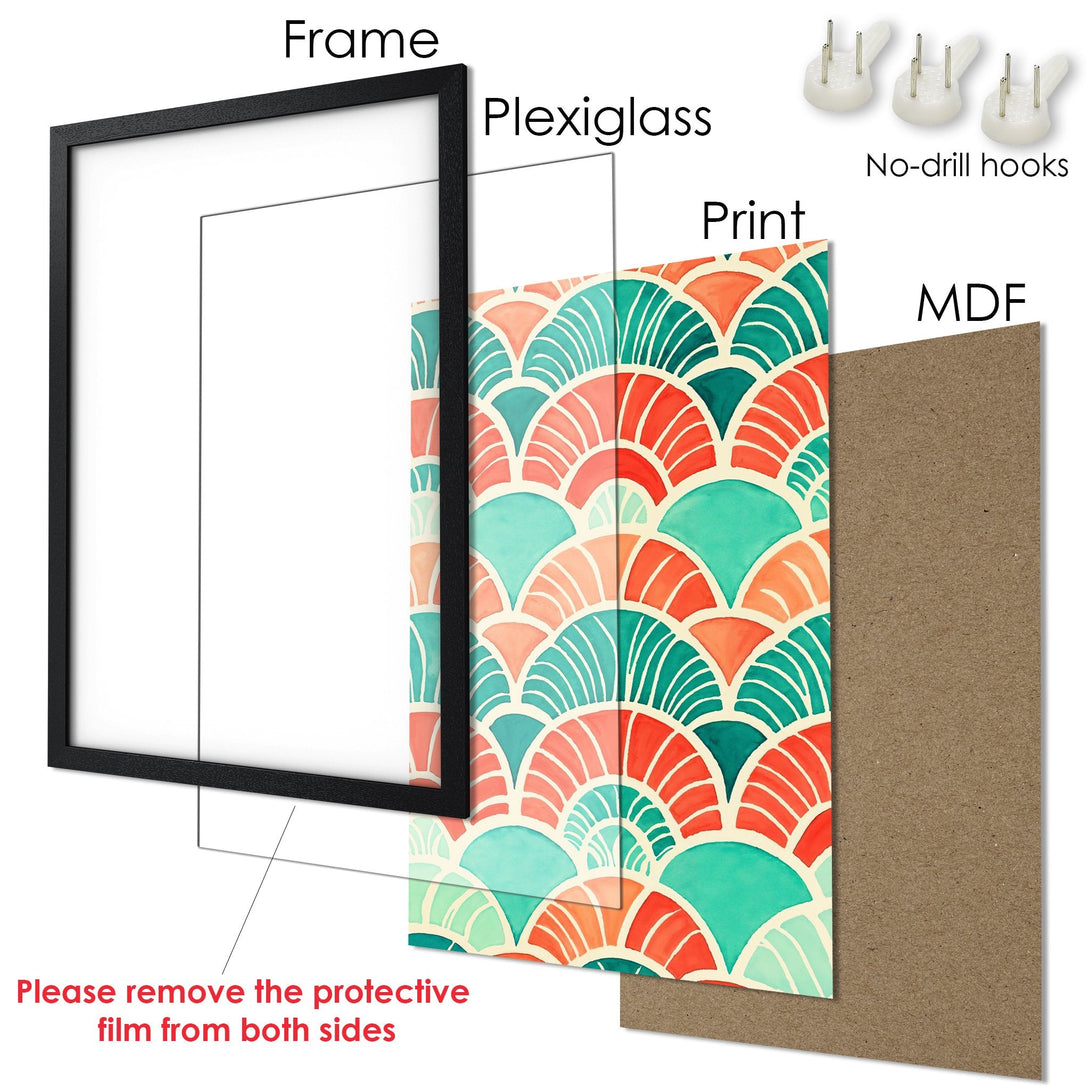 Framed Poster with colorful abstract design. Features a black frame, teal, orange, and coral palette. Perfect wall art!