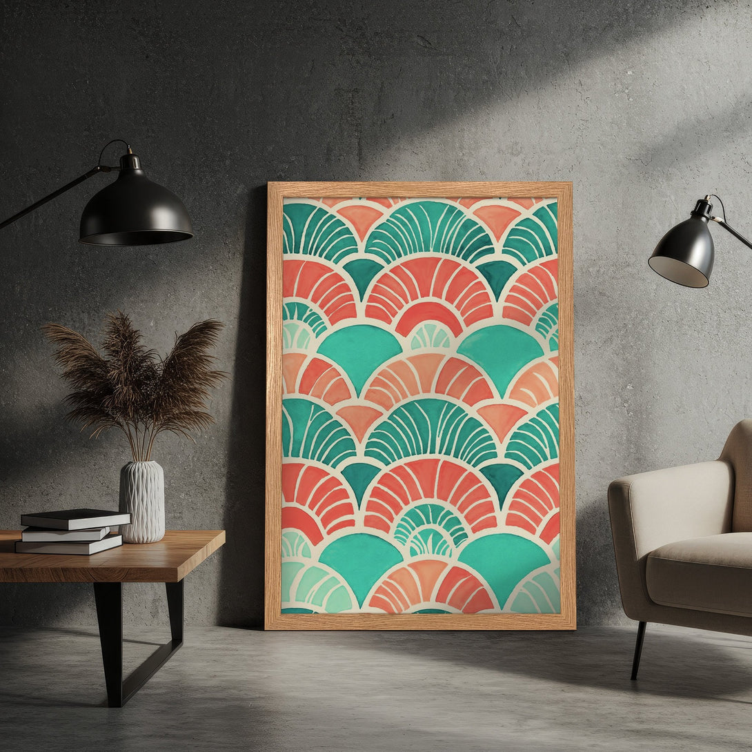 Framed Poster featuring a vibrant, abstract fan pattern in teal, coral & cream. Modern art print for stylish home decor.
