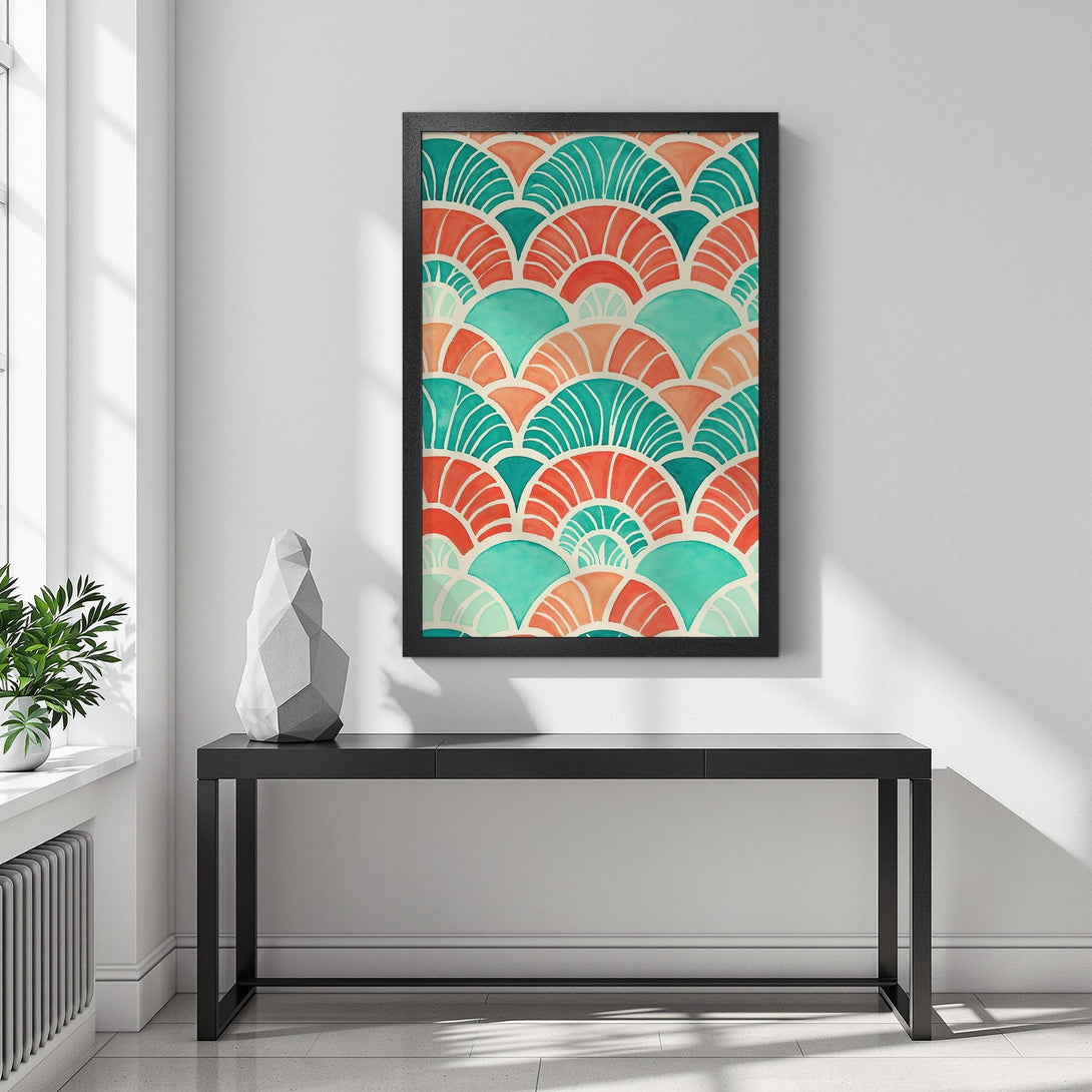 Framed Poster featuring a vibrant, abstract fan design in teal, coral, and cream. Modern art print for home decor.