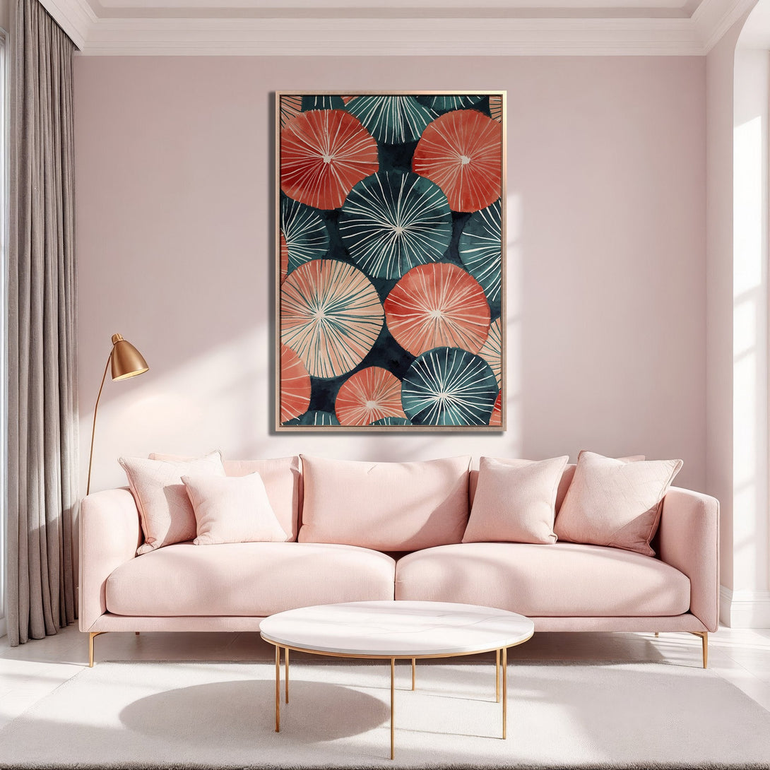 Framed Wall Art featuring abstract floral design in coral, teal, and navy. Modern canvas print adds a pop of color to any living room.
