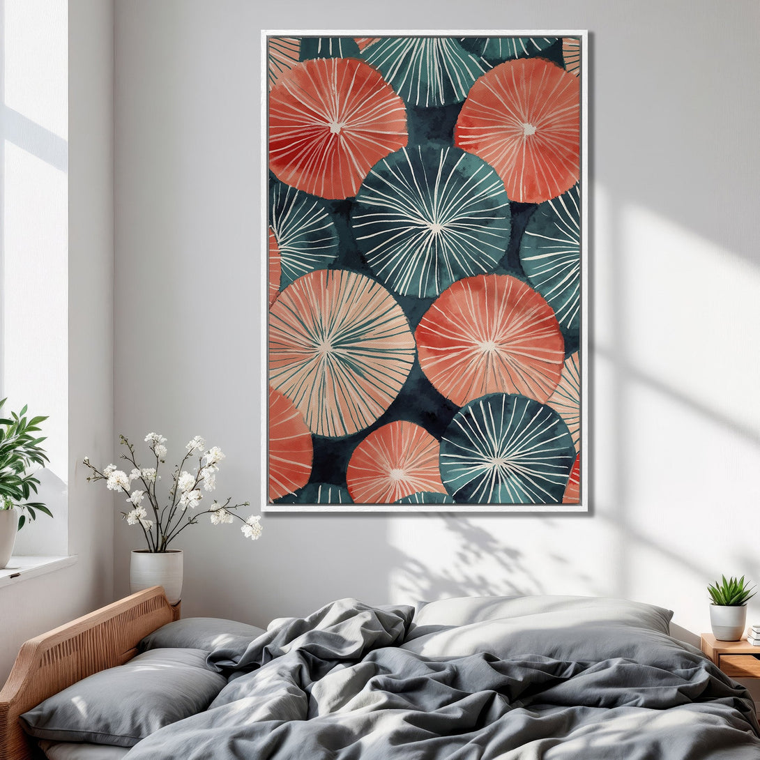 Framed Wall Art featuring a watercolor floral design in coral, teal, and navy. Modern abstract art for bedroom decor.