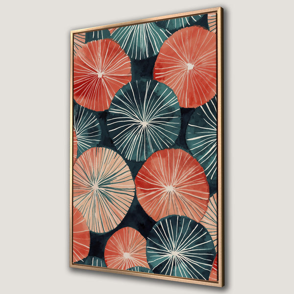Framed Wall Art featuring a watercolor abstract floral design in a palette of teal, coral, and navy. Modern art for your home decor.