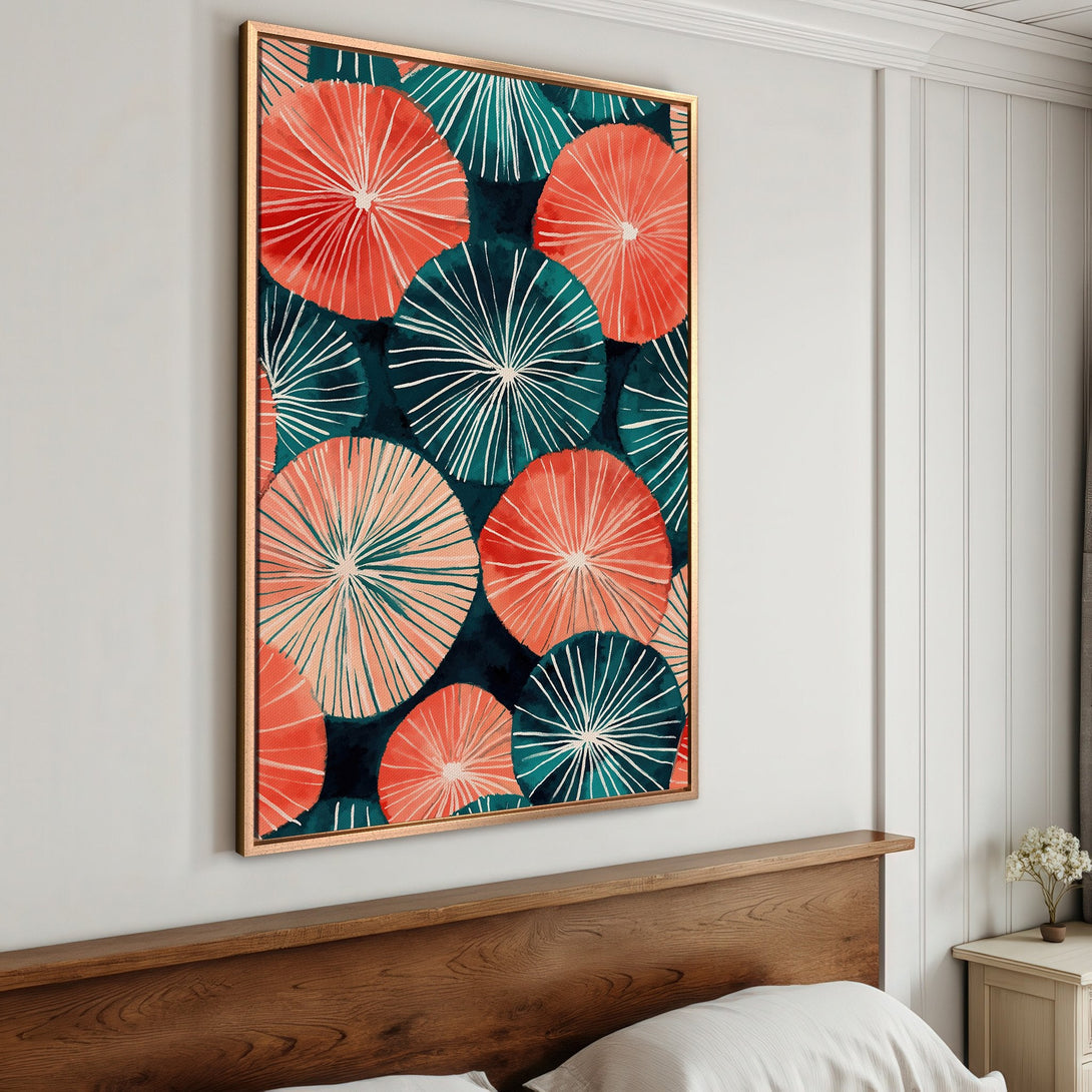 Framed Wall Art featuring abstract floral design in teal, coral, and white. Modern canvas print for bedroom decor.