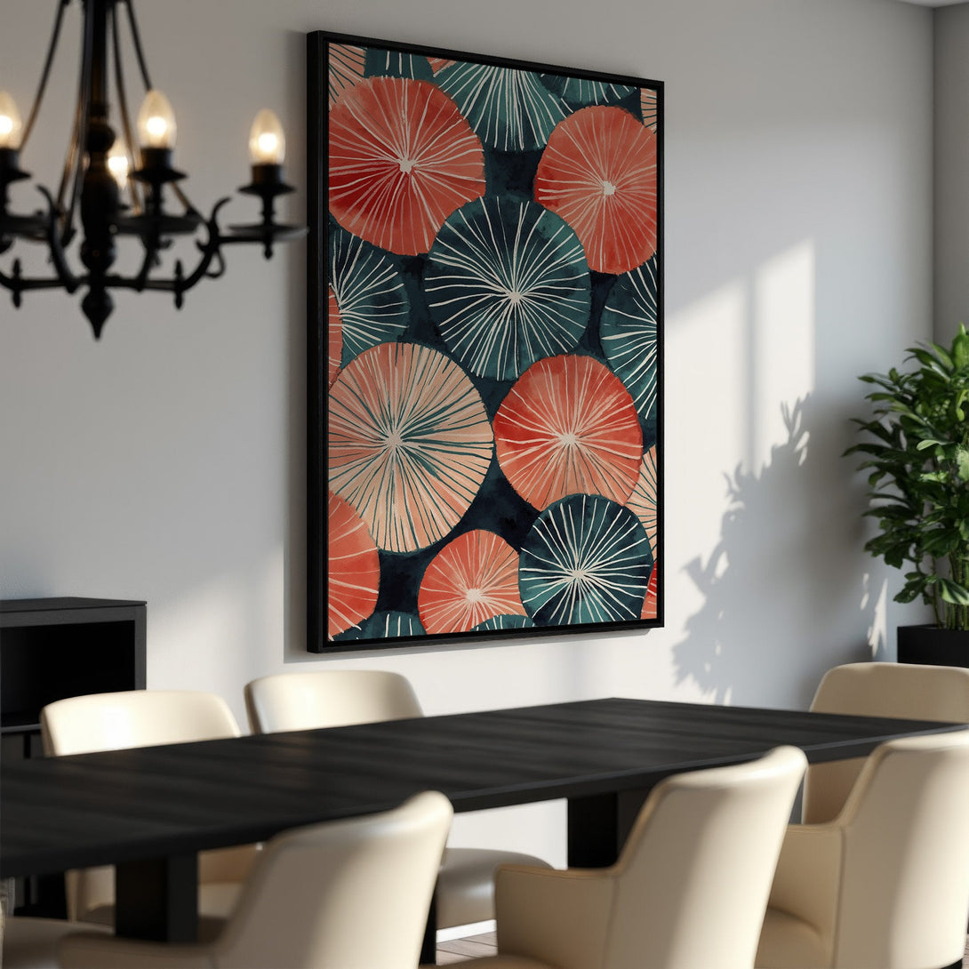 Framed Wall Art: Abstract watercolor print with coral and teal circles. Modern art for dining room decor. Enhance your space with this stylish canvas print.