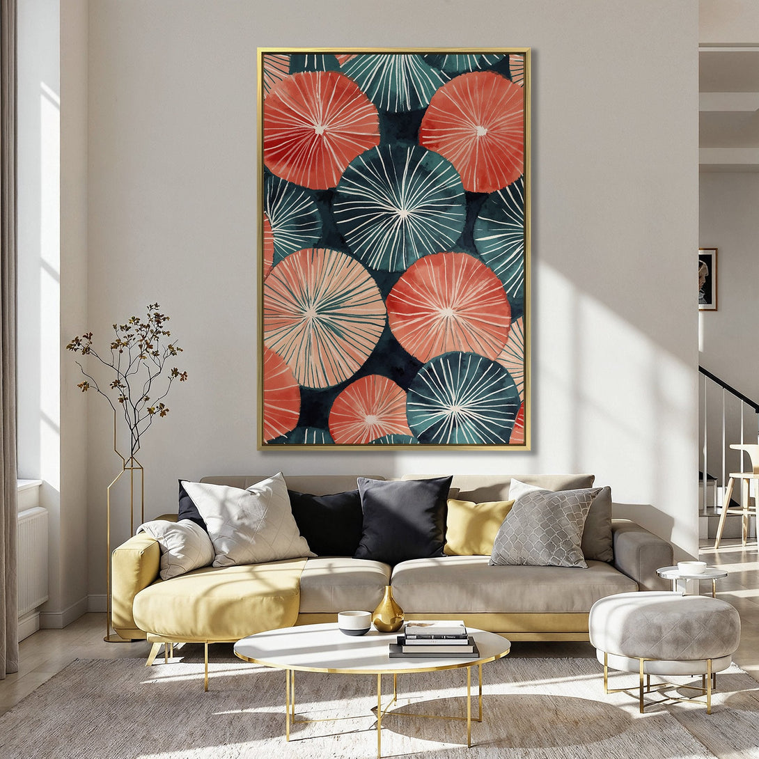 Canvas Print featuring a vibrant abstract floral design in teal, coral, and white, adding a pop of color to a stylish interior.
