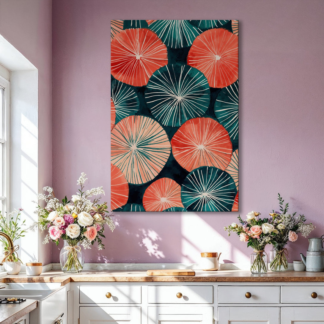 Framed Wall Art featuring abstract watercolor circles in coral, teal, and navy. Modern art for living room decor.
