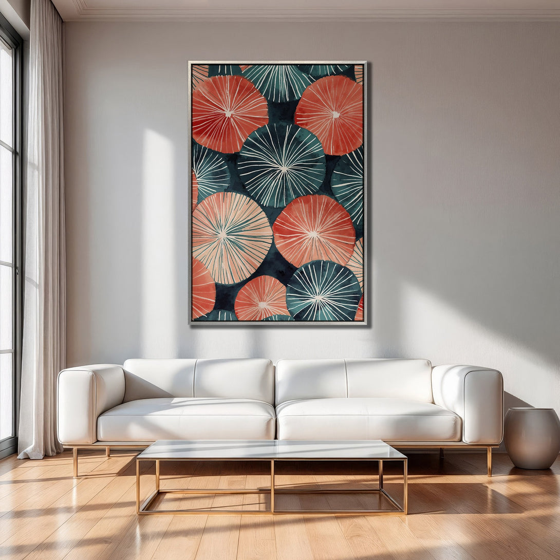 Framed Wall Art featuring abstract botanical design in teal, coral, and white. Modern art for living room decor.