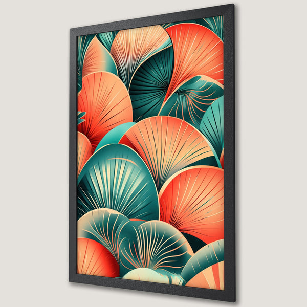 Framed Poster featuring abstract fan-like design in teal, coral, and cream. Modern art print for home decor.